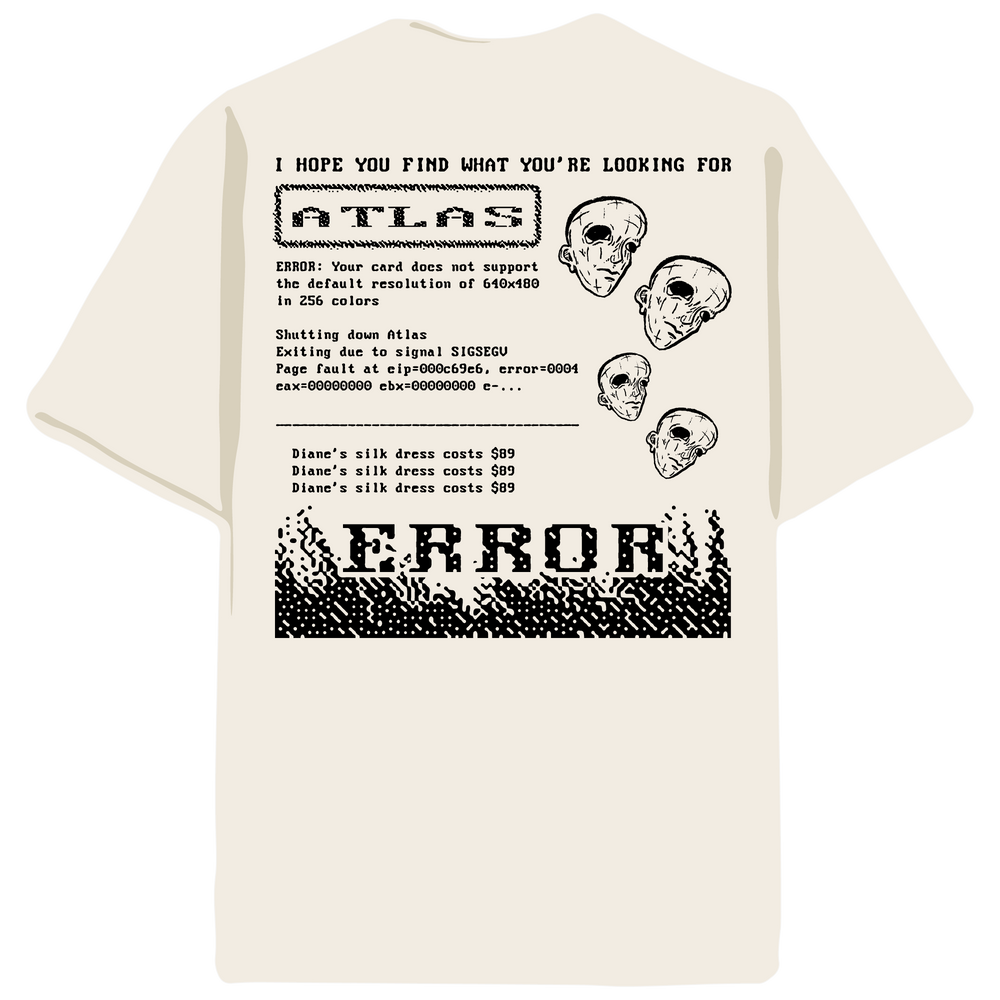 Back graphic of teeshirt. Lots of error messages and text that reads Diane's silk dress costs $89