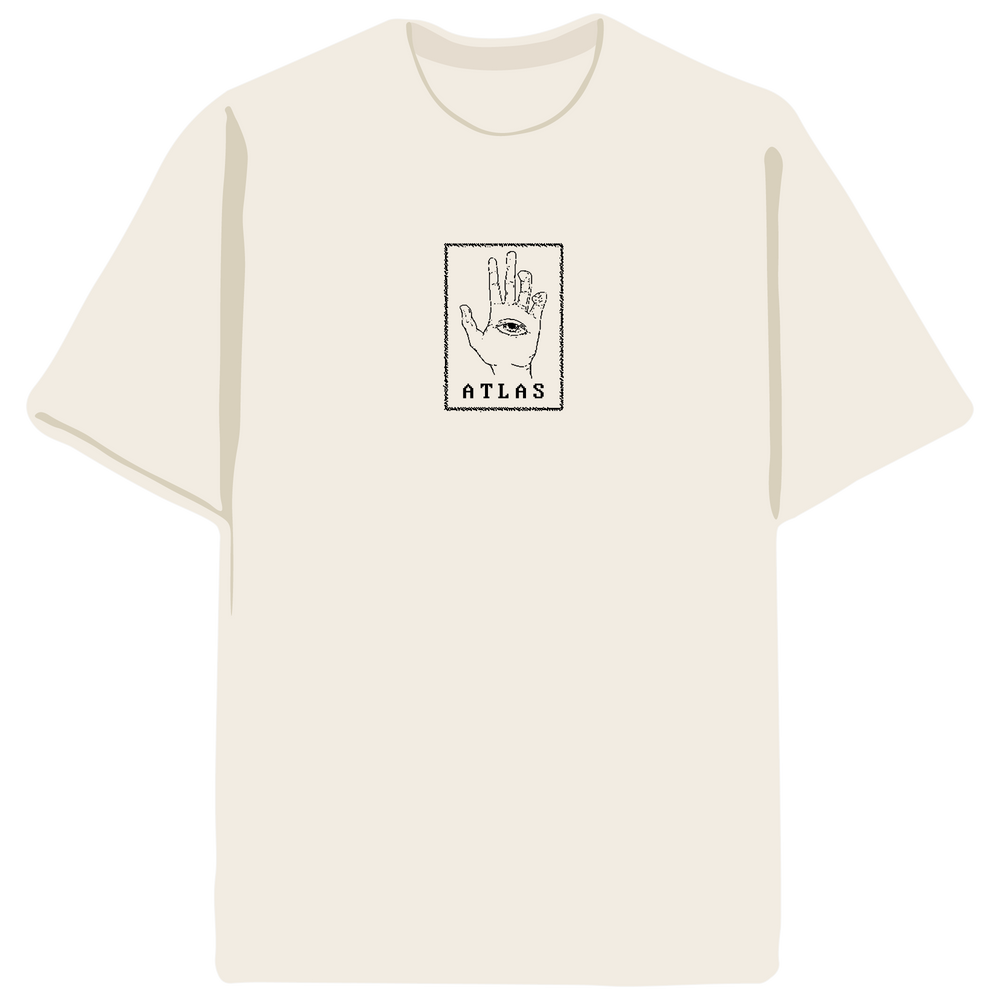 A white crew neck t-shirt with a graphic print of a hand and the brand name 'Atlas' on the chest.