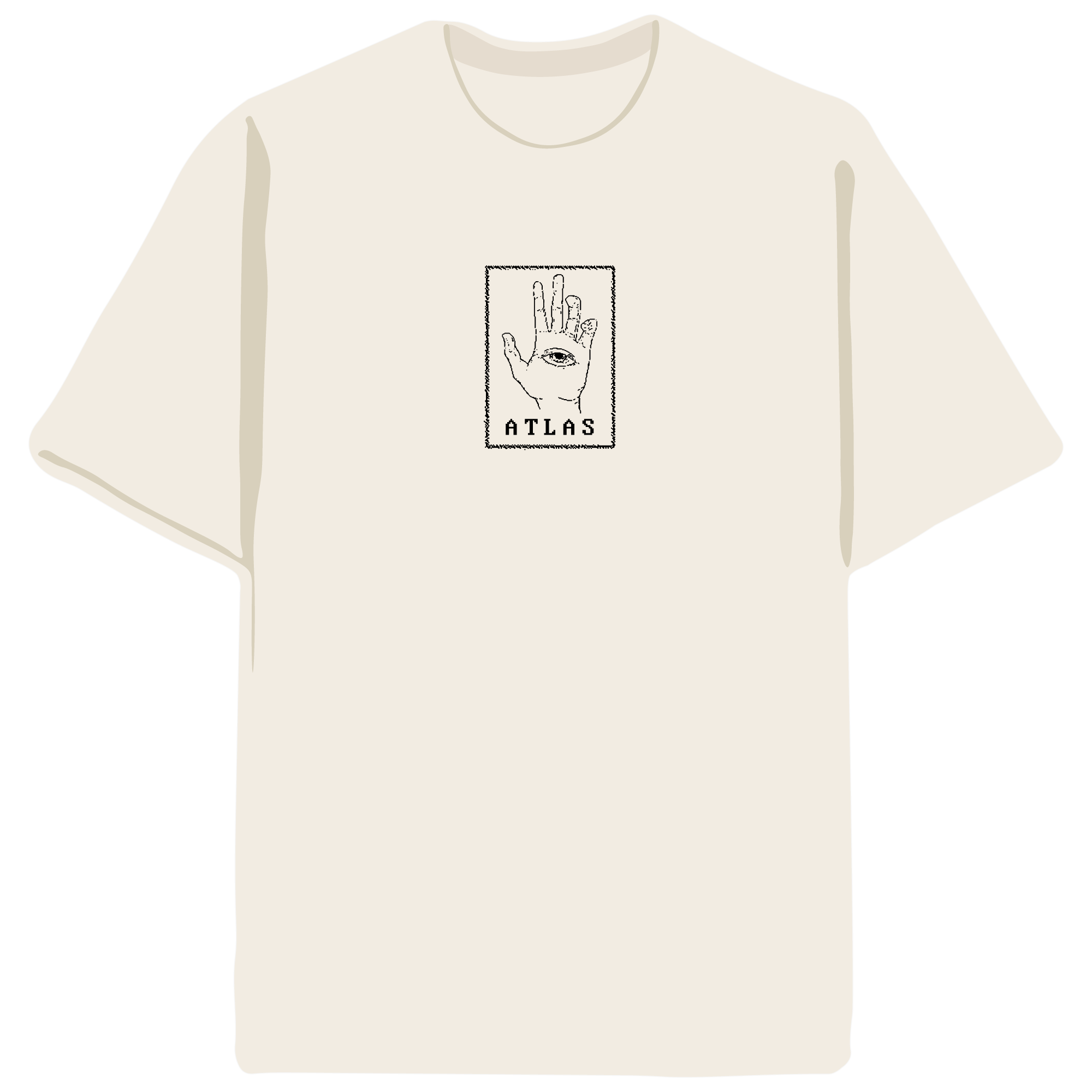 A white crew neck t-shirt with a graphic print of a hand and the brand name 'Atlas' on the chest.