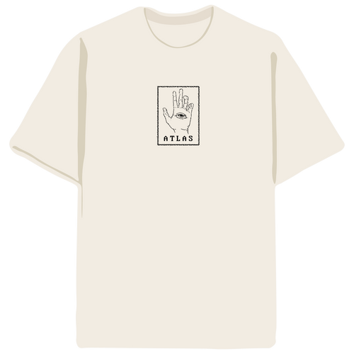 A white crew neck t-shirt with a graphic print of a hand and the brand name 'Atlas' on the chest.