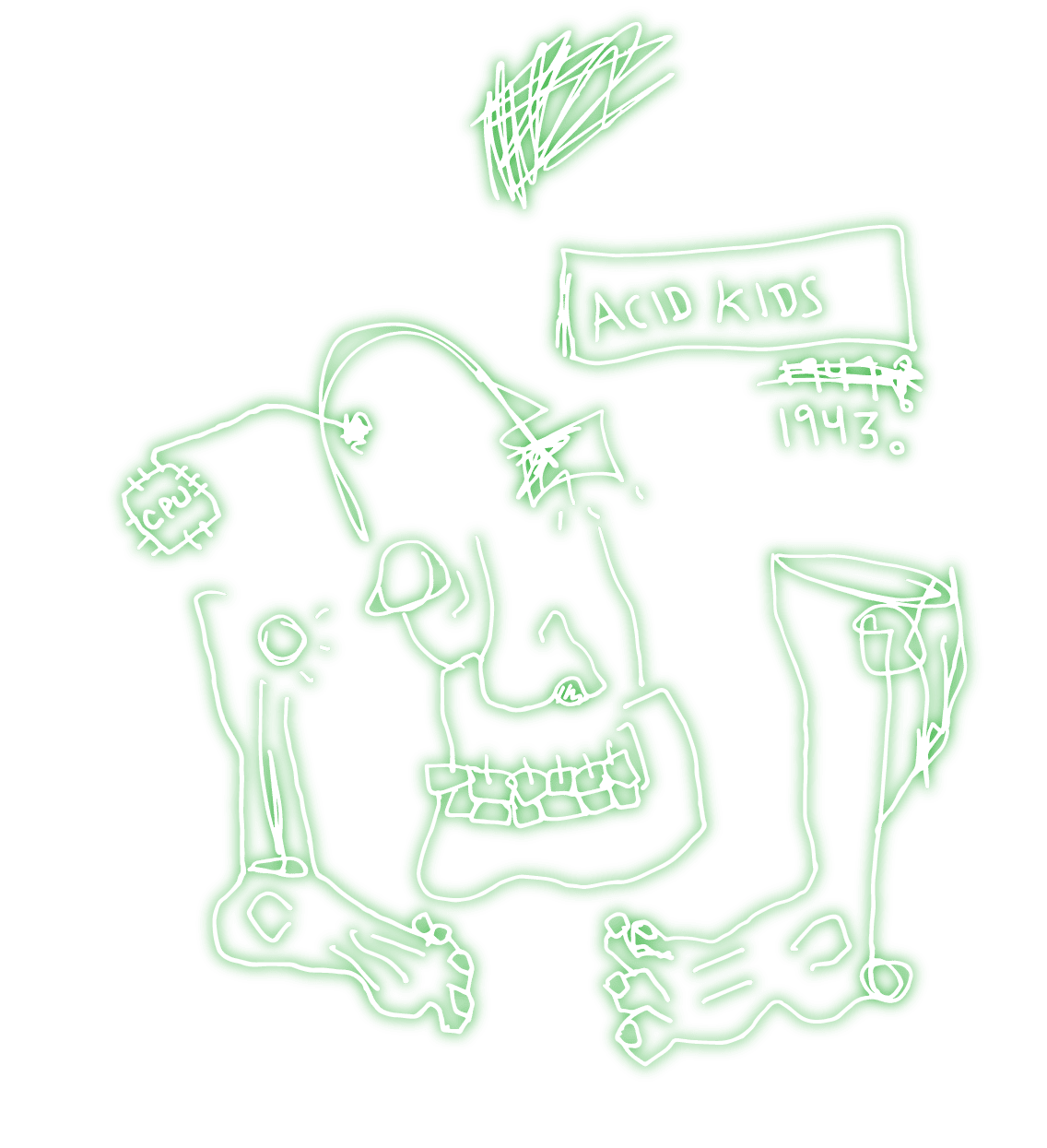 neon white abstract digital sketch of a face and two separate feet,with title acid kids 1943