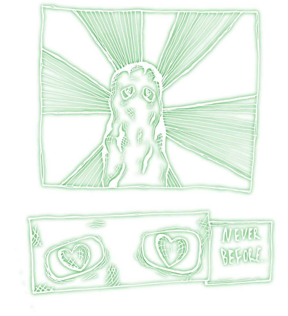 neon white abstract digital sketch of ghost with heart eyes,with a second comic book style panel of the ghost's heart eyes zoomed in.