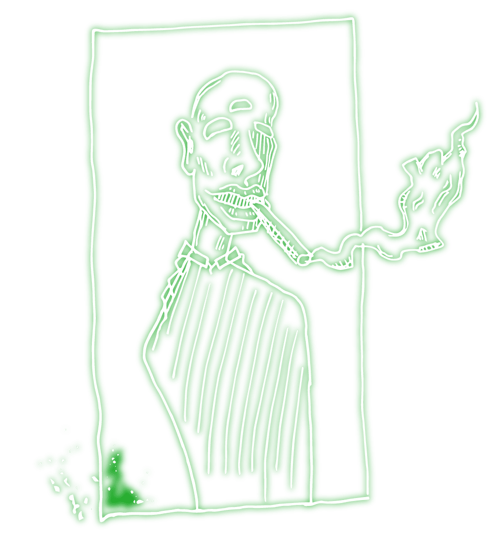 neon white digital sketch of a man smoking